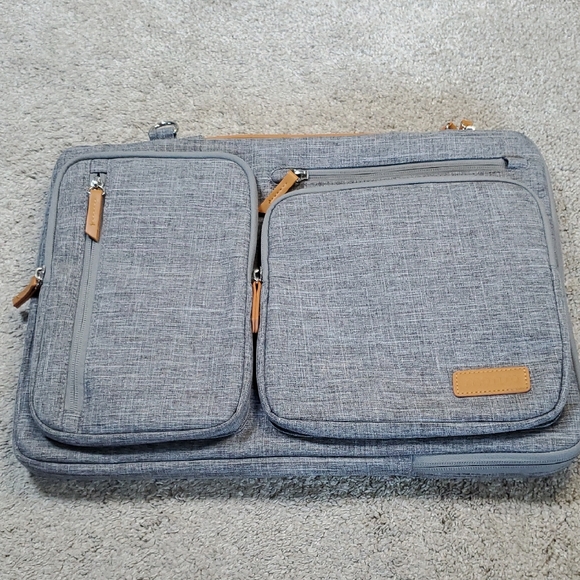 Gray Mosiso Laptop Bag with Tan Accents. Multiple Pockets And Carry Strap. EUC - Picture 1 of 12
